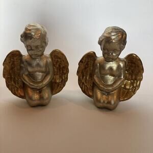 Vintage Weathered Set of 2 Gold Tone Baby Angel Decor 7”